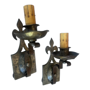1920 Iron and Brass Lightly Hammered Sconces With Fleur De Lis - a Pair