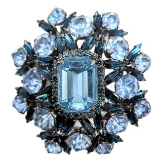 Vintage Signed Marie Ferra Rhodium Plated Faux-Aquamarine & Sapphire Brooch For Sale