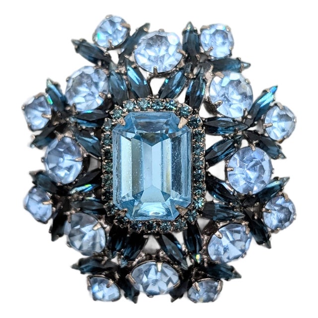 Vintage Signed Marie Ferra Rhodium Plated Faux-Aquamarine & Sapphire Brooch For Sale