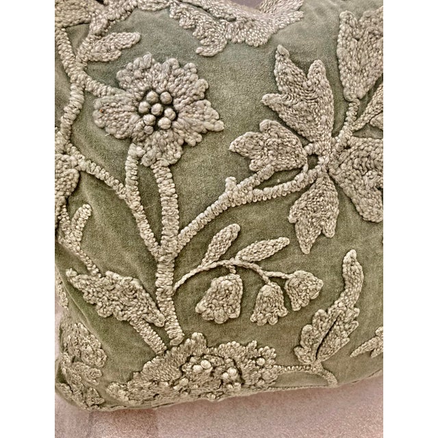 Transitional Floral Embroidered Sage Washed Velvet Decorative Pillow Cover For Sale - Image 3 of 8