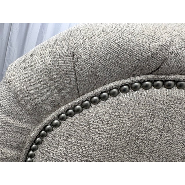 Greige Attributed to Arhaus Tufted Wingback Upholstered Bed — King Custom Greige Upholstery | Deep Button Tufting | Fully Upholstered Frame For Sale - Image 8 of 17