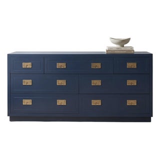 Vintage Henredon Campaign Dresser Credenza in Navy With Brass Hardware For Sale