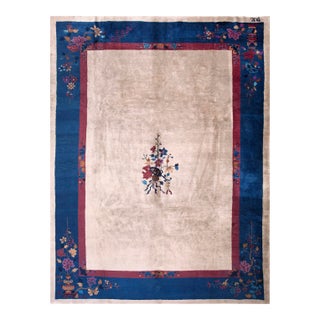 1920s Beige Floral Antique Chinese Art Deco Carpet 9'' X 11'8'' Knotted Wool Rug For Sale