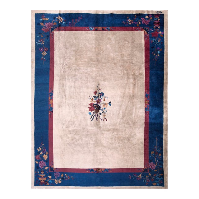 1920s Beige Floral Antique Chinese Art Deco Carpet 9'' X 11'8'' Knotted Wool Rug For Sale