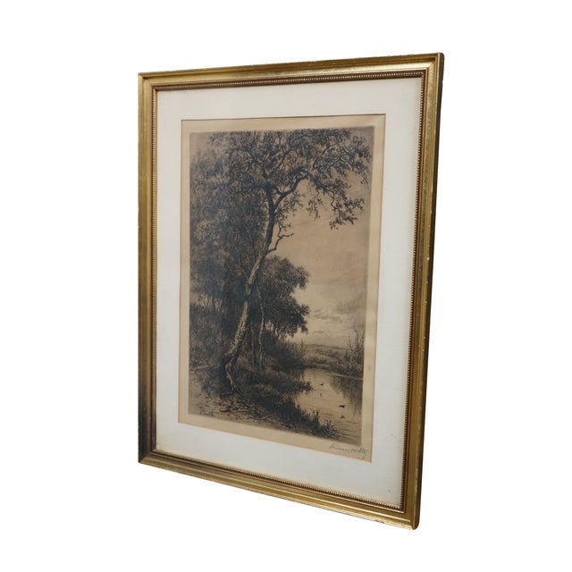 Antique etching by the Dutch-American landscape artist Hendrik Dirk Kruseman van Elten (1829–1904). A serene rural river...