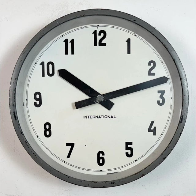 Metal Industrial Factory Grey Wall Clock from International, 1950s For Sale - Image 7 of 17