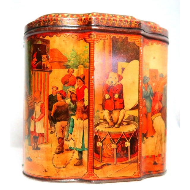 Very Rare Antique Huntley and Palmers Lidded Hinged Biscuit Tin Themed With Monkeys, Children, Cats and Dogs. Circa 1880 - 1900 For Sale In Miami - Image 6 of 17