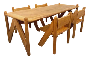 Large Rectangular Table and Brutalist Chairs in Oak, 1960s-1970s