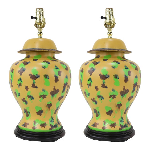 Pair of Hand-Painted Spotted Yellow Ceramic Table Lamps For Sale - Image 12 of 12