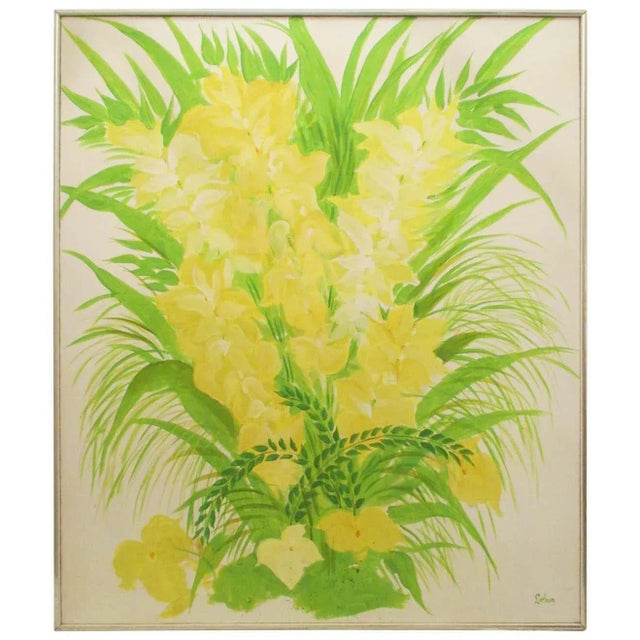 1970s 1970s Floral Acrylic Painting in Yellow and Green, Framed For Sale - Image 5 of 5
