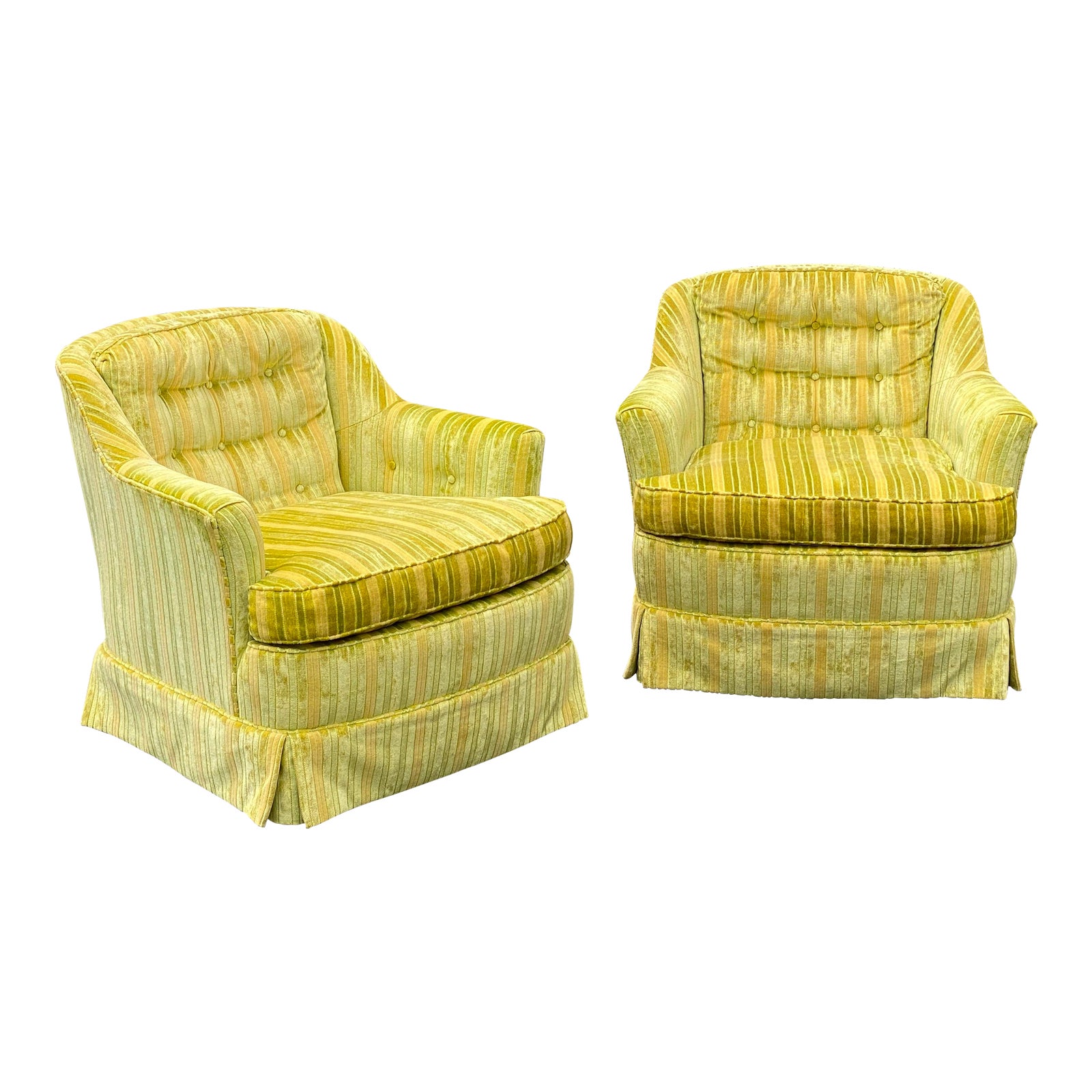 Sherrill Furniture Striped Chartreuse Velvet Lounge Chairs a Pair