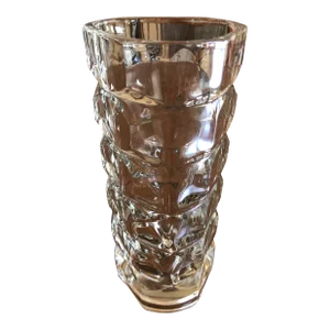 1970s French Geometric Clear Pressed Glass Vase