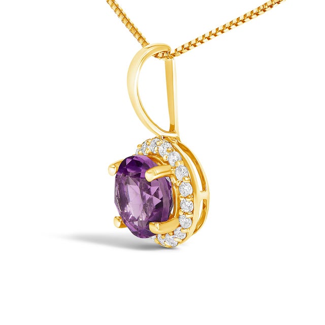 Contemporary 10K Yellow Gold Purple Amethyst and 1/10 Cttw Diamond Accent Halo Pendant Necklace For Sale - Image 3 of 5