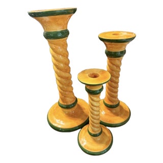 Vintage Italian Tuscan Design Large Ceramic Candleholders - Set of 3 For Sale