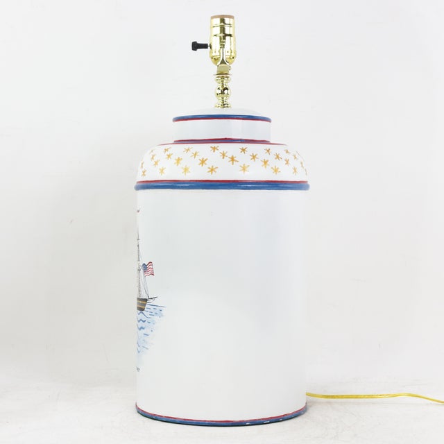 Vintage Hand-Painted u.s. Frigate Hornet Patriotic Tole Table Lamps - a Pair For Sale In New York - Image 6 of 12