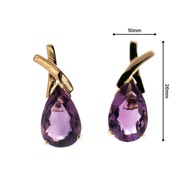 Late 20th-Century 14k Yellow Gold Pearshape Amethyst X Top Pierced Earrings, Pair For Sale - Image 4 of 5