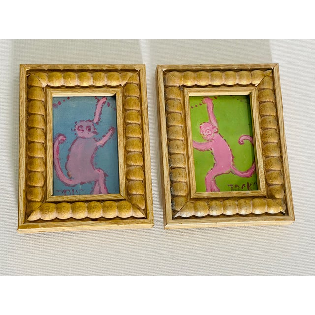 Pair Mini Monkey Jocko Whimsical Paintings For Sale - Image 4 of 4
