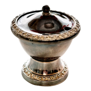 Circa 1950s English Silver Plate Salt Cellar With Lid With Colbalt Blue Insert