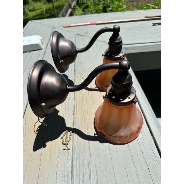 Metal Pair of Antique Brass Sconces With Vintage Nuart Shades For Sale - Image 7 of 7