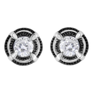 Black Rhodium Plated .925 Sterling Silver Round 1.0 Cttw Diamond Double Halo 4-Prong Solitaire Milgrain Stud Earrings, A Pair For Sale