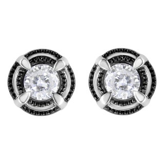 Black Rhodium Plated .925 Sterling Silver Round 1.0 Cttw Diamond Double Halo 4-Prong Solitaire Milgrain Stud Earrings (H-I Color, I2-I3 Clarity) For Sale