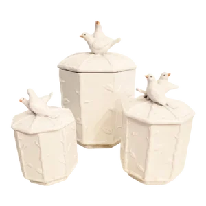 Vintage Ceramic White Chinoiserie Regency Bird Faux Bamboo Canister Storage Set of 3 Ginger Jars