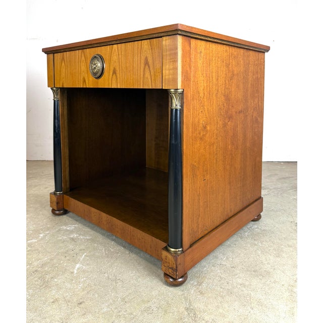 A Pair of Baker Furniture French Empire Neoclassical Cherry, Brass & Ebonized Wood Nightstands, Circa 1960s For Sale - Image 10 of 12
