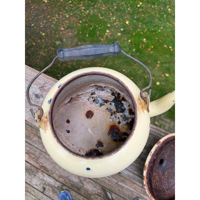 20th Century Rustic Enamel Yellow Tea Kettle Cottage Decor or Planter For Sale - Image 13 of 16