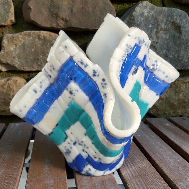 This Vintage Art Milk Glass Blue & White Quilted Tiled Handkerchief Vase is a beautifully crafted, hand-blown piece of...