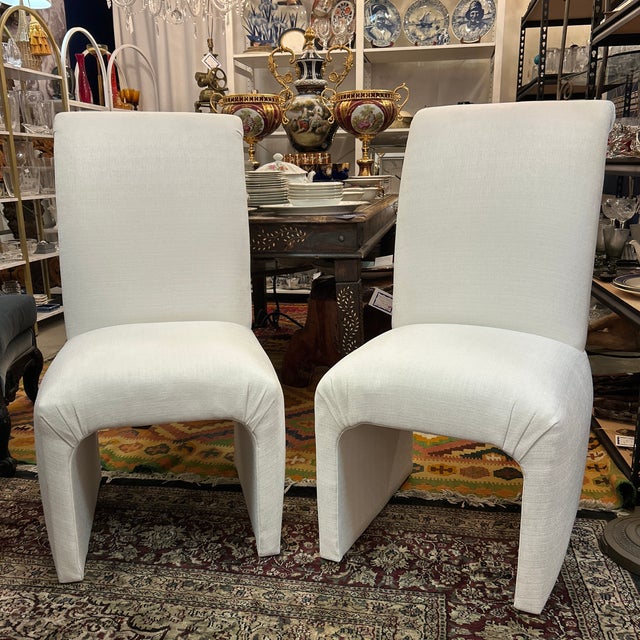 Wood Post Modern Linen Covered Roll Back Chairs 8 Pieces Available For Sale - Image 7 of 9