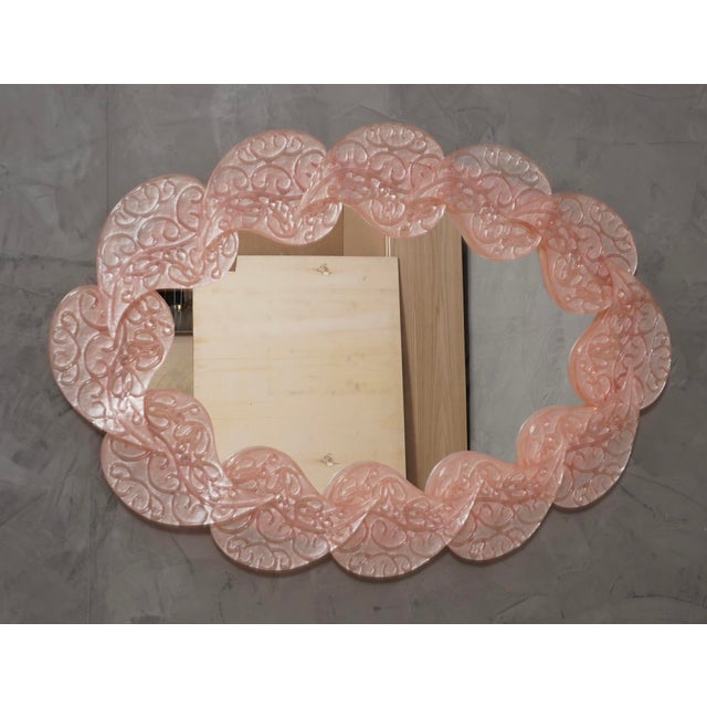 Mid-Century Italian Oval Pink Murano Glass and Brass Wall Mirror, 2000s For Sale - Image 9 of 10