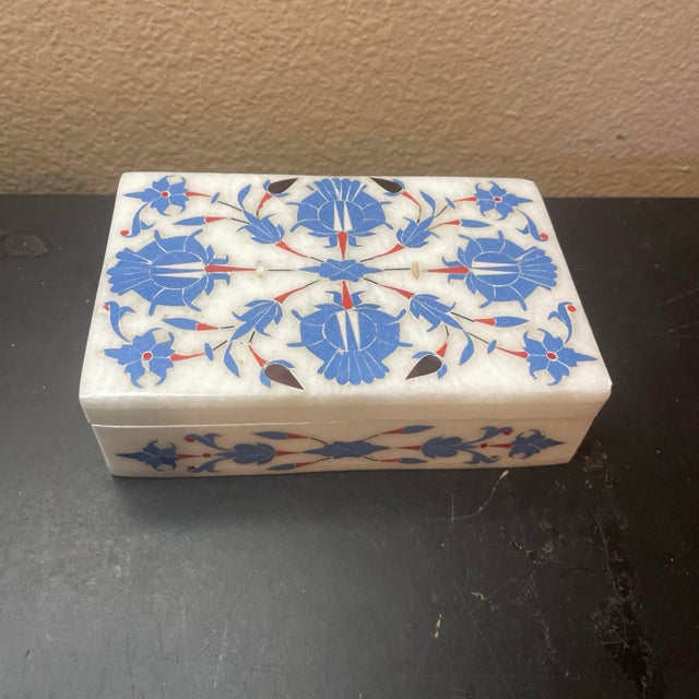 Gemstone Gorgeous Marble W Lapis Lazuli Inlay 4”x6”x1” Jewelry Casket For Sale - Image 7 of 7