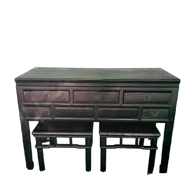 1990s Vintage Black Rustic 5 Drawer Butterfly Hardware Ming Style Leg Console Table For Sale - Image 5 of 11