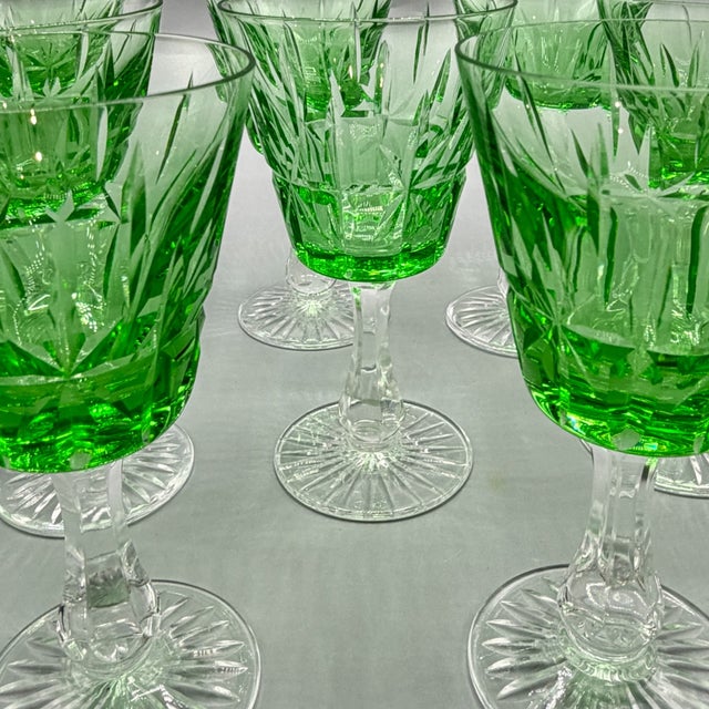 Vintage Emerald Green Cut Crystal Wine Glasses from Cristalería San Carlos, Argentina, 1950s, Set of 8 For Sale - Image 9 of 18