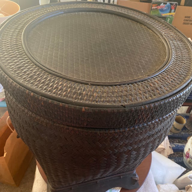 Chinese Vintage Hand Stitched Rattan Basket With Round Top and Dark Patina For Sale In San Antonio - Image 6 of 8