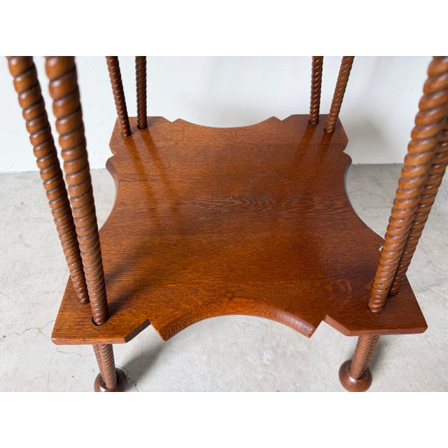 Antique Arts & Crafts Style Two-Tier Oak Accent Table With Scalloped Top Barley Twist Legs and Ball Feet For Sale - Image 4 of 12