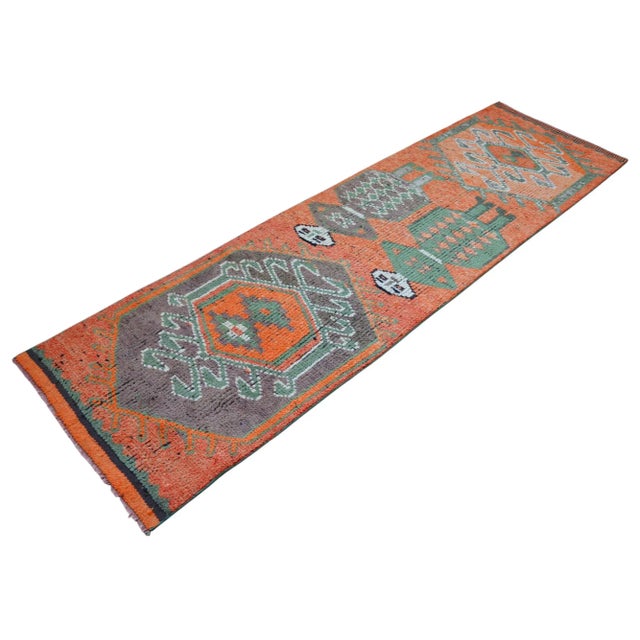 Textile Mythological Runner Rug Hand-Knotted 2'9"x9'6" Vibrant Orange Turkish Rug Kitchen Runner Extraterrestrial Motif For Sale - Image 7 of 14