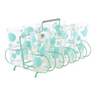9 Pieces Turquoise and Gold Polka Dot Set of Cocktail Glasses With Holder, Mid-20th Century For Sale