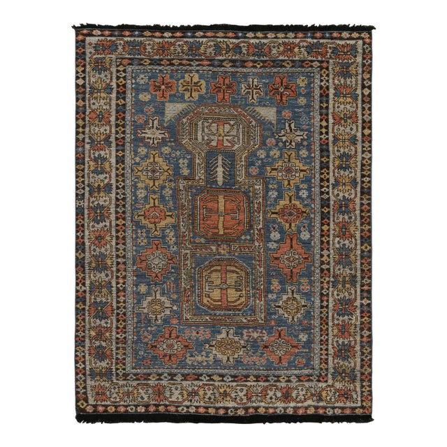 Rug & Kilim’s Tribal Style Rug in Blue, With Red and Gold Geometric Patterns For Sale