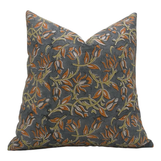 Square Throw Linen Pillow Cover With Floral Block Printed 16x16 Inch- Kamal Dutta For Sale