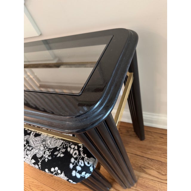 Art Deco Late 20th Century Post Modern Black Lacquer and Brass Console Table With Chinoiserie Upholstered Nesting Stools For Sale - Image 3 of 7
