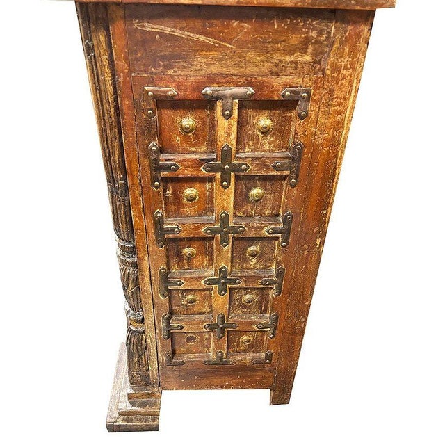 1990s Spanish Colonial Style Wood Bar W/ Iron Strapwork & Carved Columns For Sale - Image 4 of 12