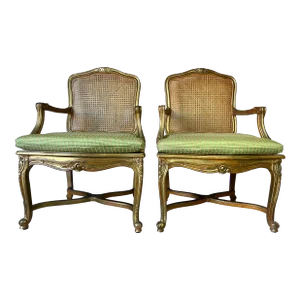 Hollywood Regency French Louis XV - Style Cane Back & Seat Armchairs - a Pair