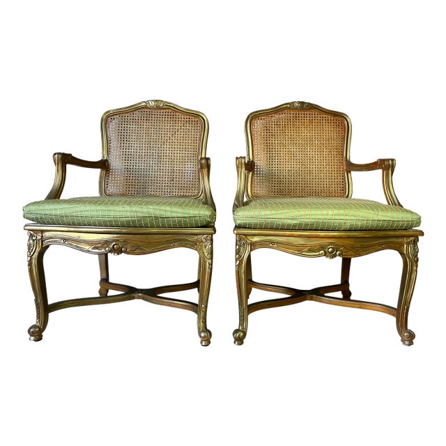 Hollywood Regency French Louis XV - Style Cane Back & Seat Armchairs - A Pair/ Sold For Sale