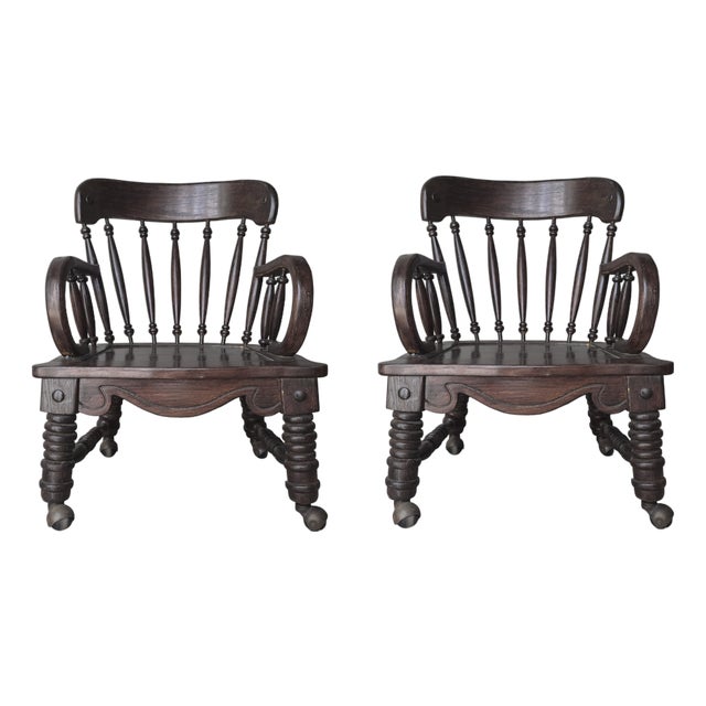 Pair of Antique English Jacobean Windsor Lounge Chairs For Sale