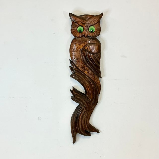 Mid-Century Boho Chic Arts & Crafts Folk Art Hand Carved Wood Owl on Branch Sculptural Wall Object For Sale - Image 12 of 18