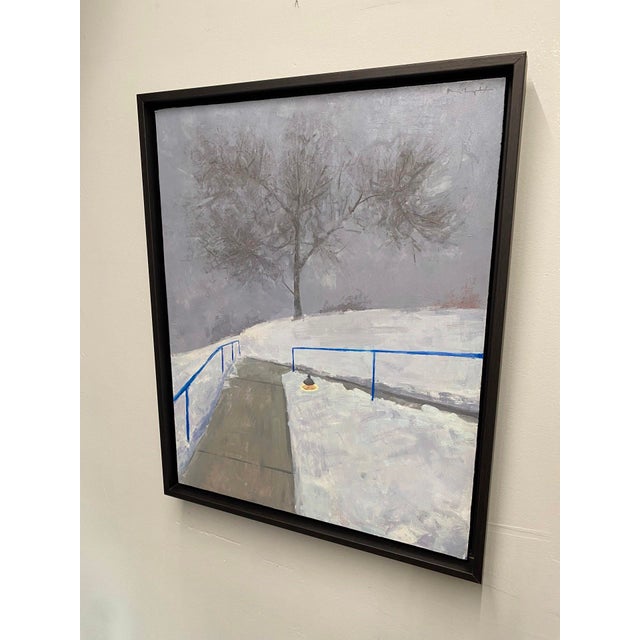 Contemporary Winter Storm by Riley Doyle | Oil on panel Winter scene with a tree and snowy pathway. For Sale - Image 3 of 4