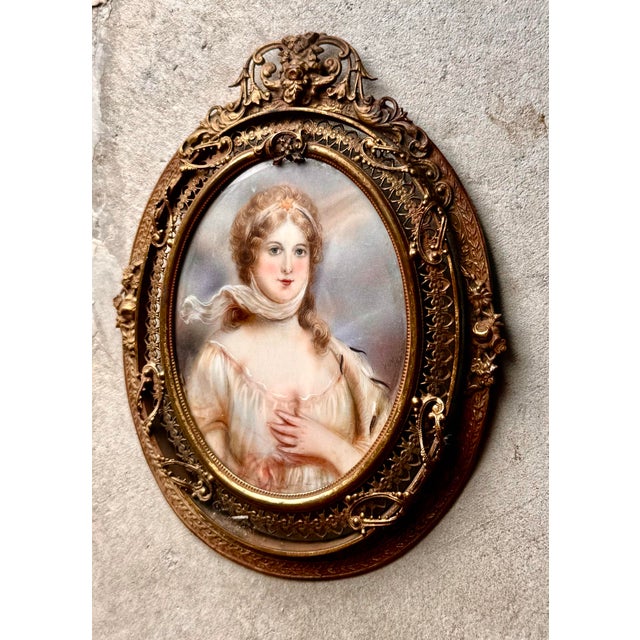 French 19th Century German Painted Porcelain Miniature Portrait of Queen Louise of Prussia in Ornate Louis XVI Style Gilt Bronze Frame For Sale - Image 3 of 6