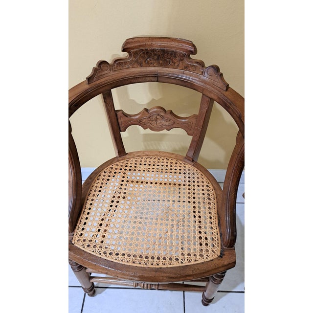 Antique 1800s Wood Chairs Pair Carved Back Recaned Seats Refinished For Sale In West Palm - Image 6 of 13