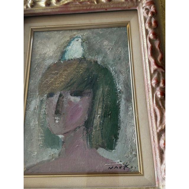 1970s 1970s Japanese Modernist Oil Painting “Bird and Girl” Signed For Sale - Image 5 of 6